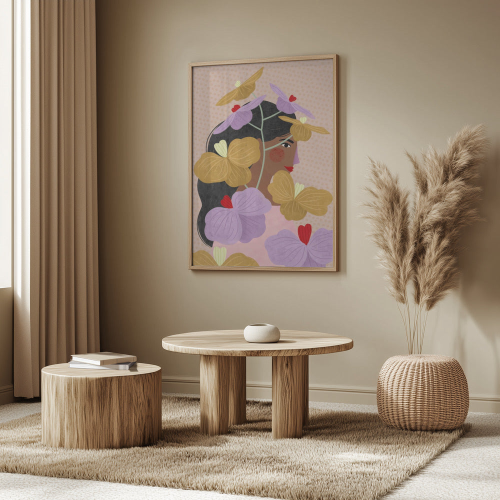 Versteckt hinter gelb-lila Blumen | Poster