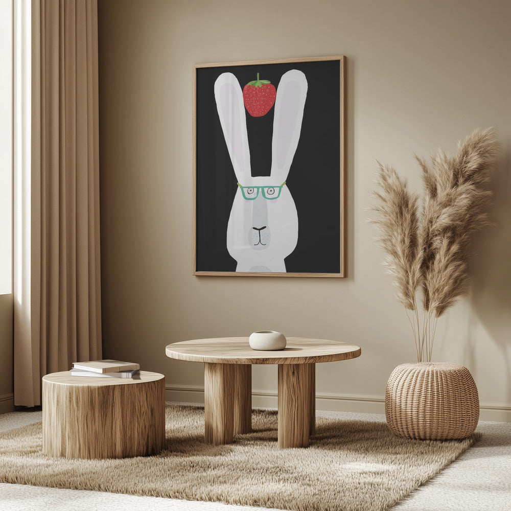 Süßes weißes Kaninchen mit Erdbeere von der Künstlerin Carla Daly | Poster