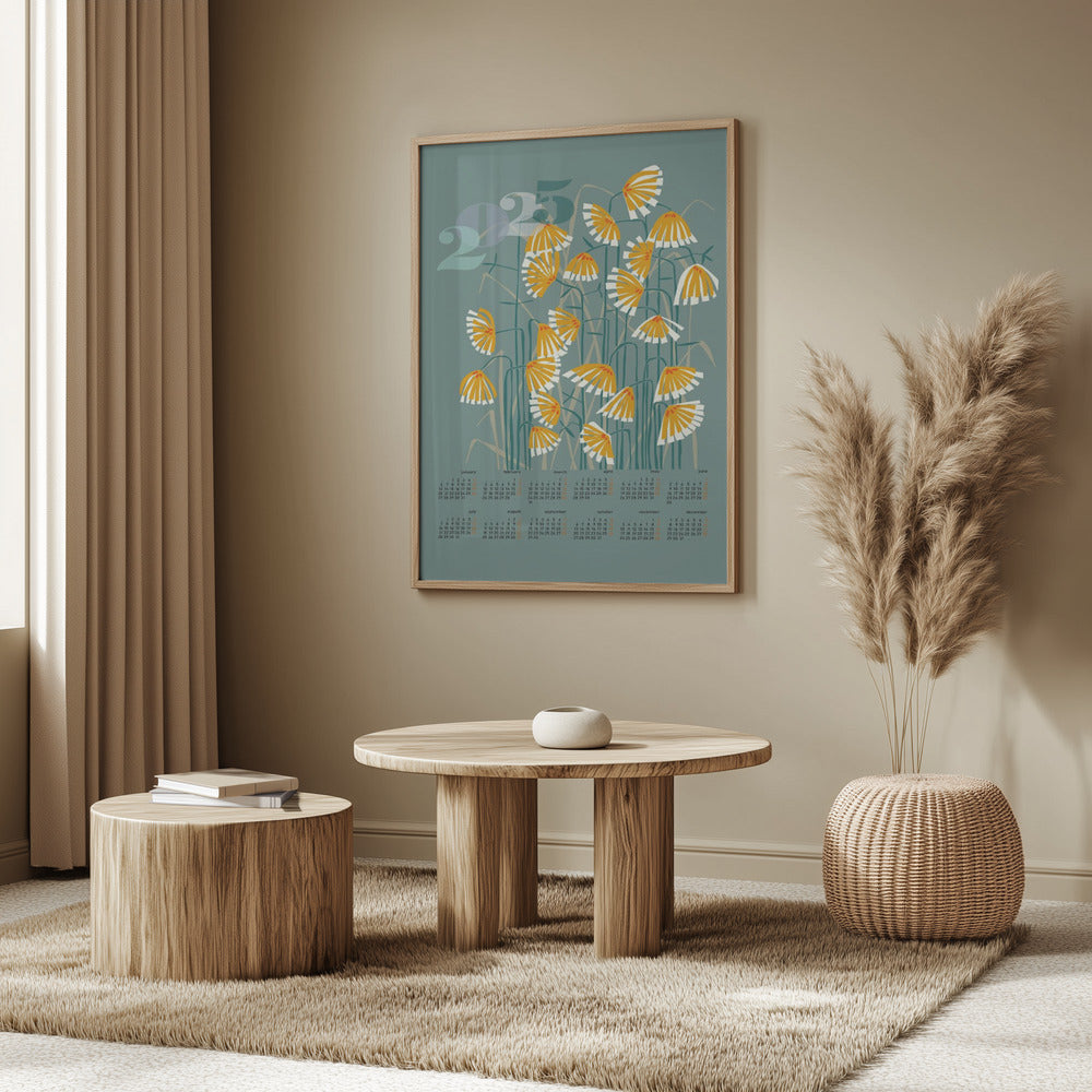 Kalender 2025 Linolschnitt Blumen grün | Poster
