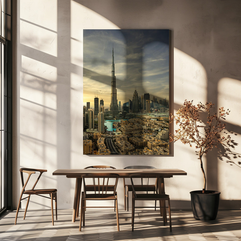 Vue du coucher de soleil sur le centre-ville | Tableaux sur Toile