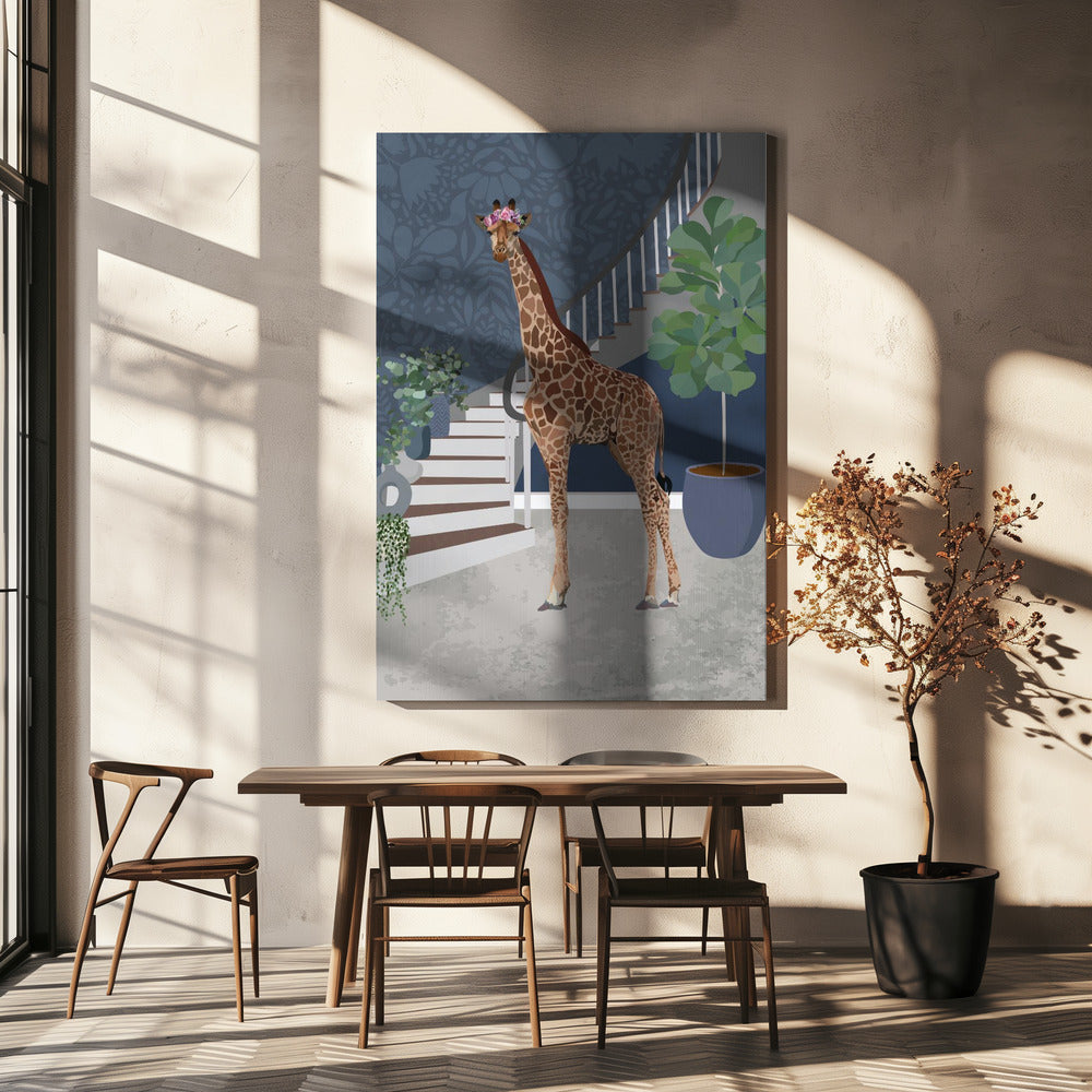Giraffe by the stairs | Canvas