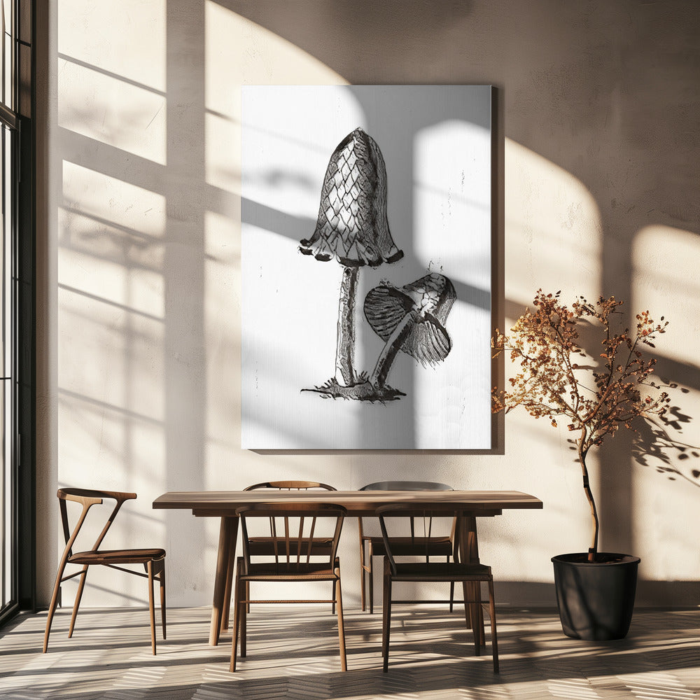 Jadalny grzyb w kolorze Inky Cap w kolorze czarno-białym | Wydruki na łótnie