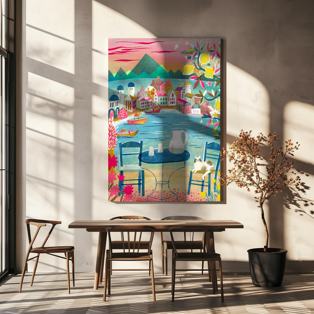 Greek Tavern With Cat Under Lemon Tree | Canvas