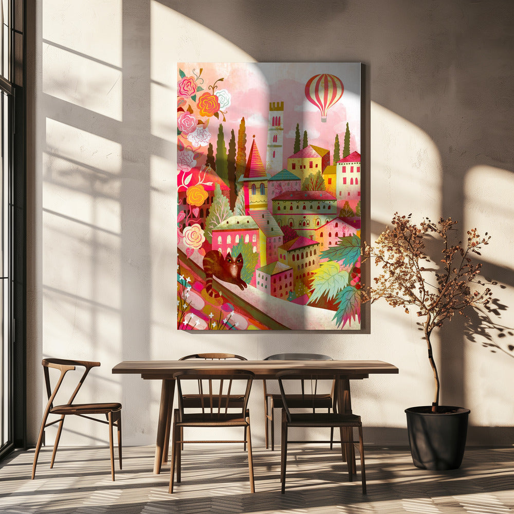 Italian Village With Cat On Wall | Canvas