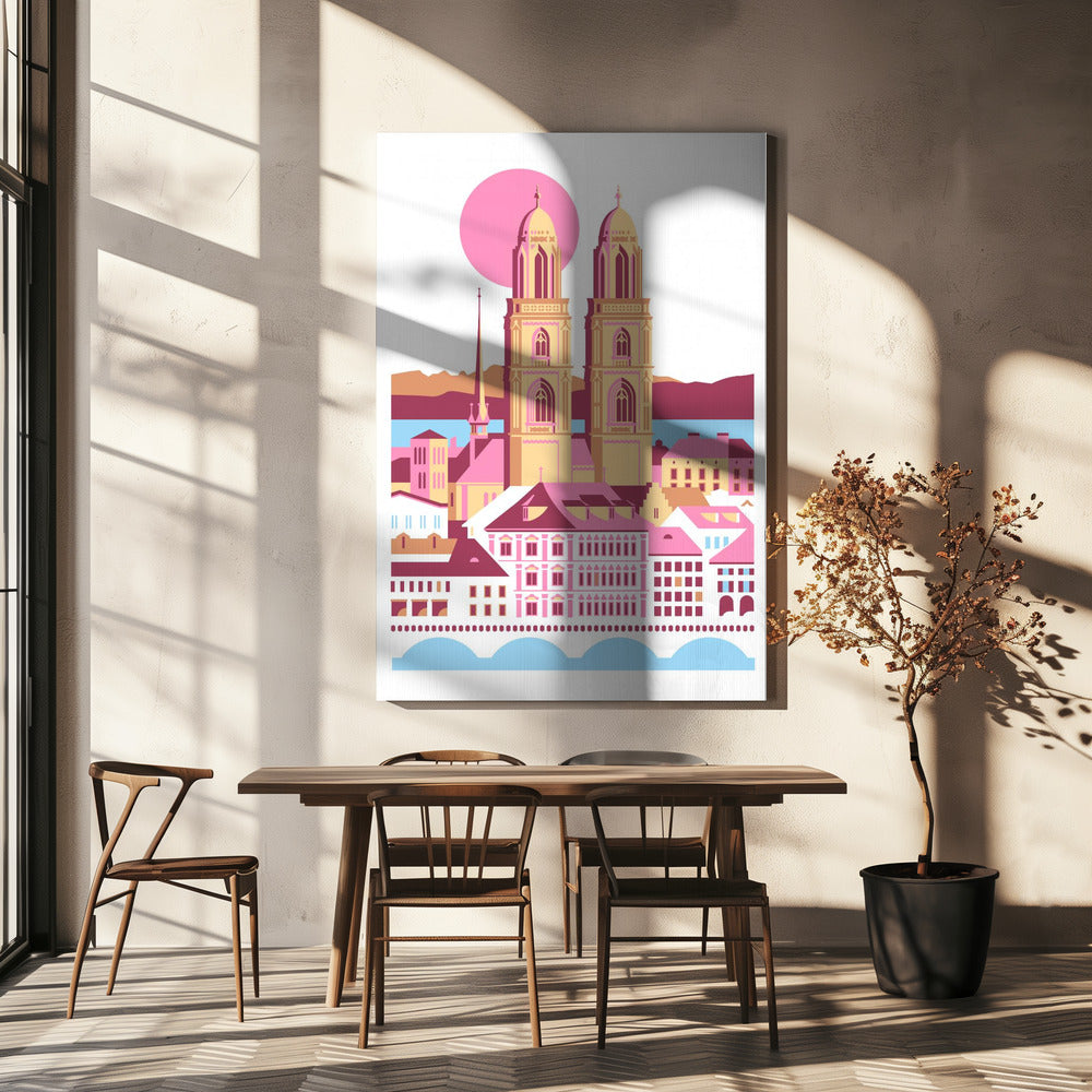 City Of Zurich Switzerland Swiss Summer Mountains City Illustration Vintage Poster | Canvas