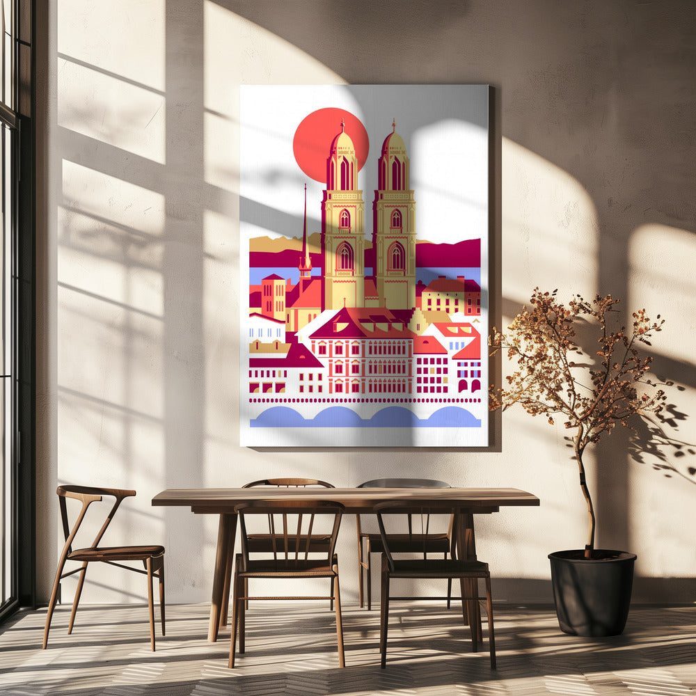 City Of Zurich Switzerland Swiss Summer Mountains City Illustration Vintage Poster | Canvas