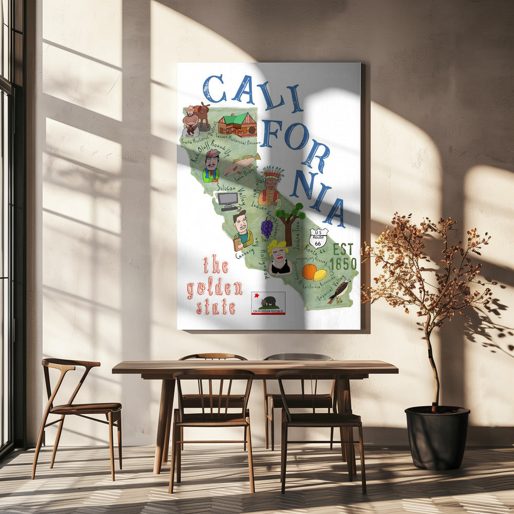 Illustrated Map of California with State Icons by Carla Daly | Canvas