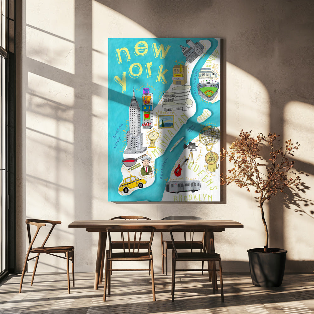 Kirkkaanvärinen kuvitettu kartta New Yorkista, karttataiteilija Carla Daly | Canvastaulut