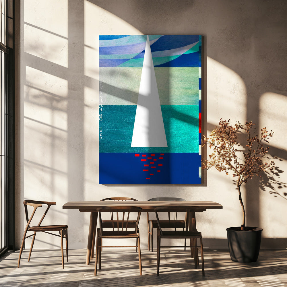 Abstraktes Segelboot an der französischen Riviera, farbenfroher Kunstdruck der Côte d'Azur | Leinwand-Bilder