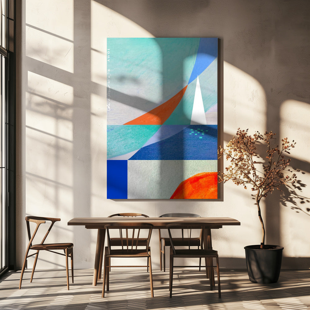 Abstrakte Meereslandschaft mit weißem Segelboot am Mittelmeer, Wandkunst an der französischen Riviera | Leinwand-Bilder