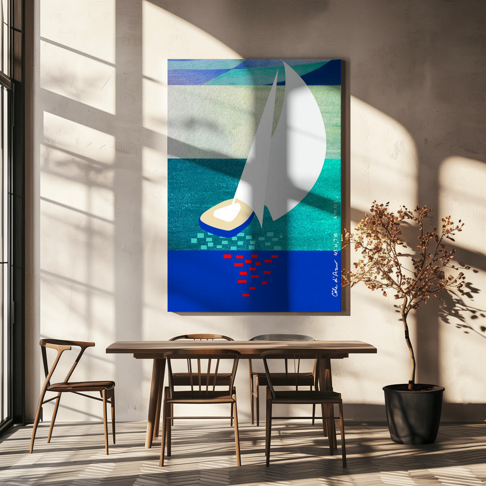 Hvid sejlbåd på den franske riviera med refleksioner over havet | Lærredsbilleder