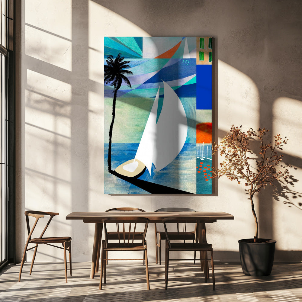 Farbenfroher mediterraner Reisekunstdruck mit Sonnenaufgang und Palme | Leinwand-Bilder