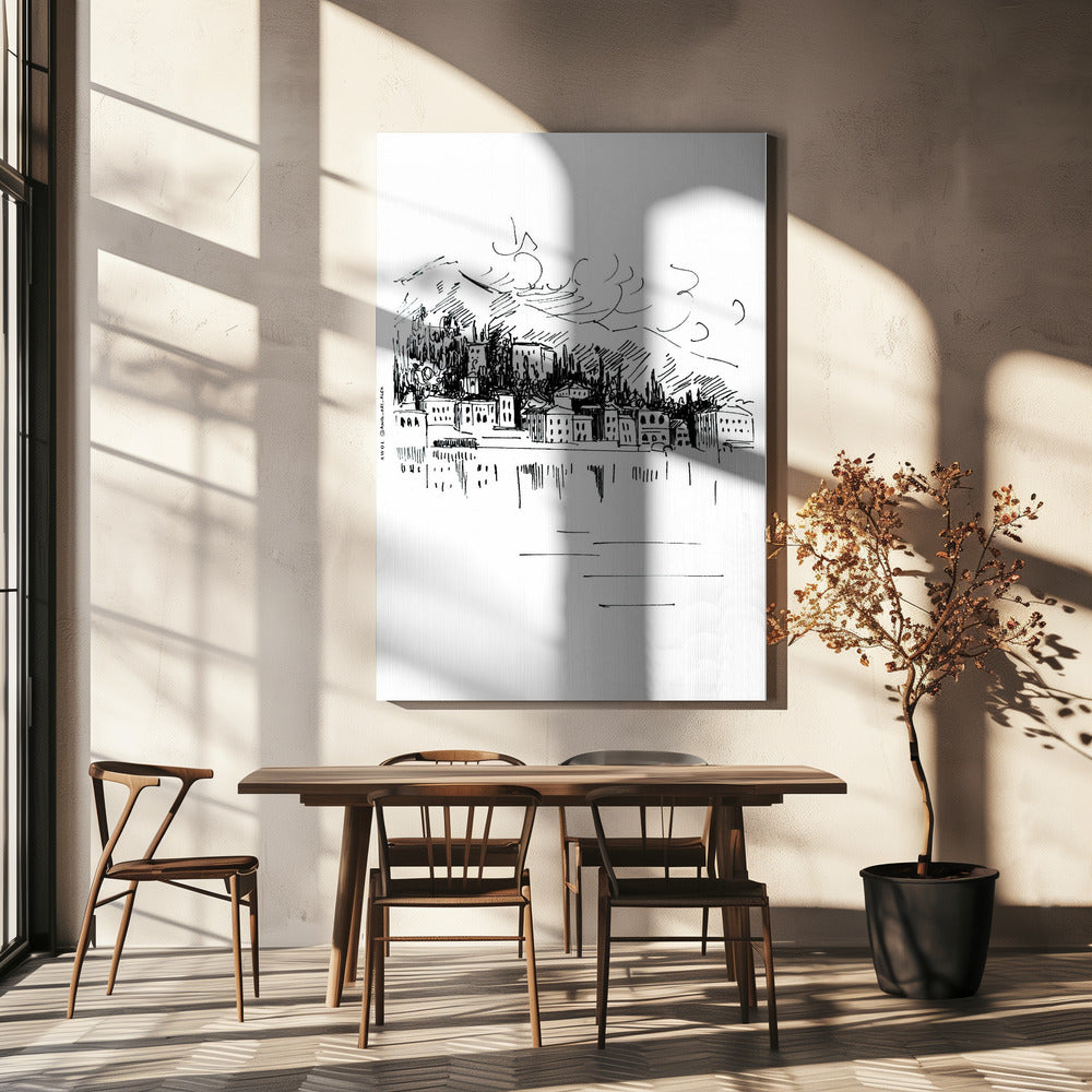 Italy Landscape Art Print, Lake Como Milan Drawing | Canvas