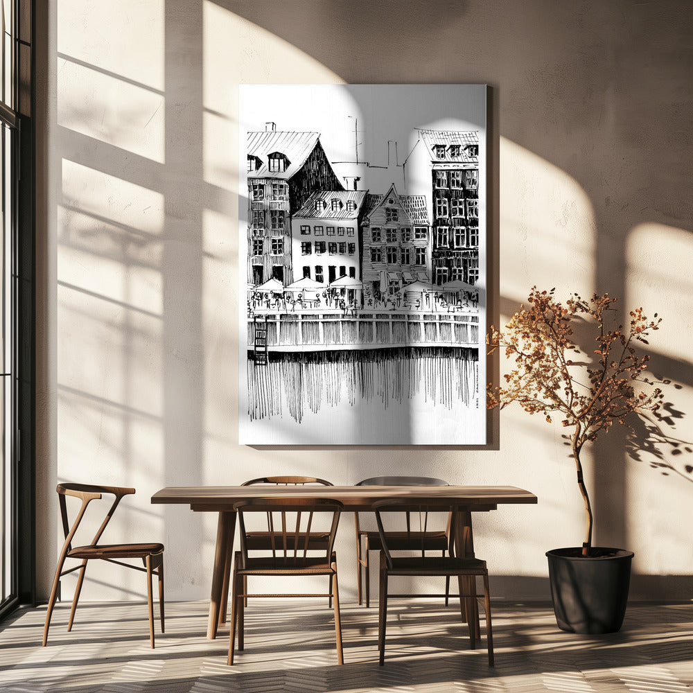 Copenhagen Art Print, Denmark Travel Illustration With Cafés On The Water | Canvas