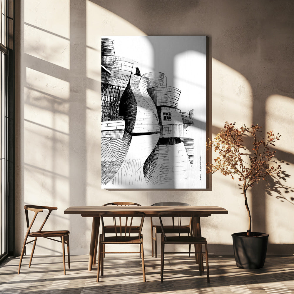 Guggenheim-Gebäude in Bilbao, Zeichnung moderner Architektur | Leinwand-Bilder