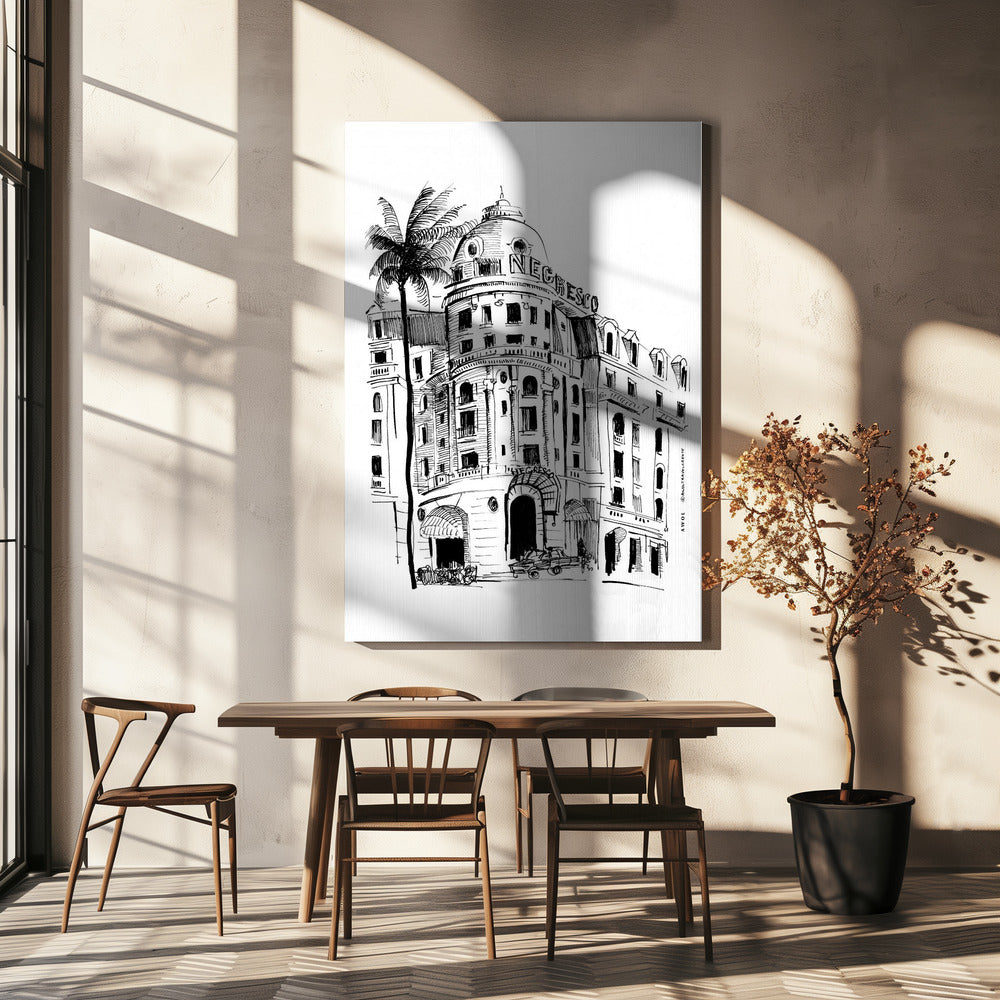 Kunstdruck von Nizza, Französische Riviera mit Architekturzeichnung des Negresco Hotels | Leinwand-Bilder