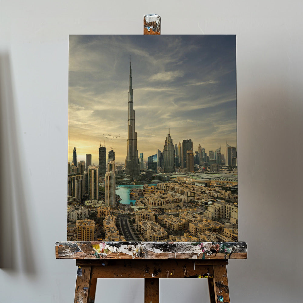 Vue du coucher de soleil sur le centre-ville | Tableaux sur Toile