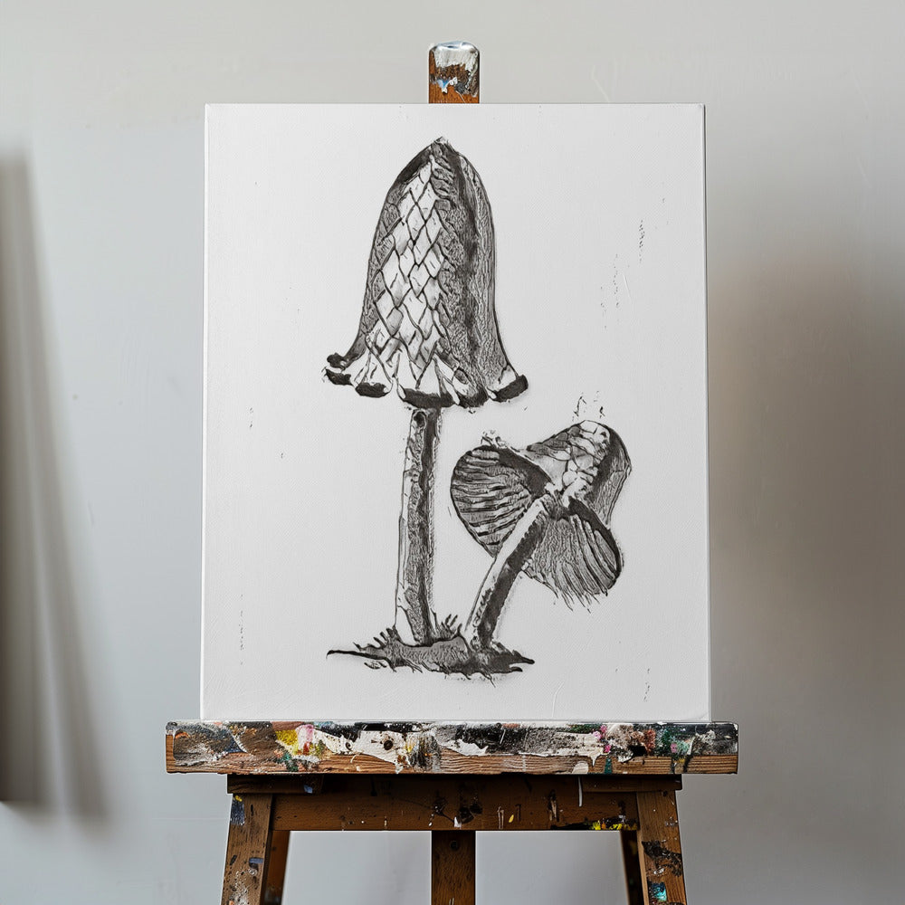Jadalny grzyb w kolorze Inky Cap w kolorze czarno-białym | Wydruki na łótnie