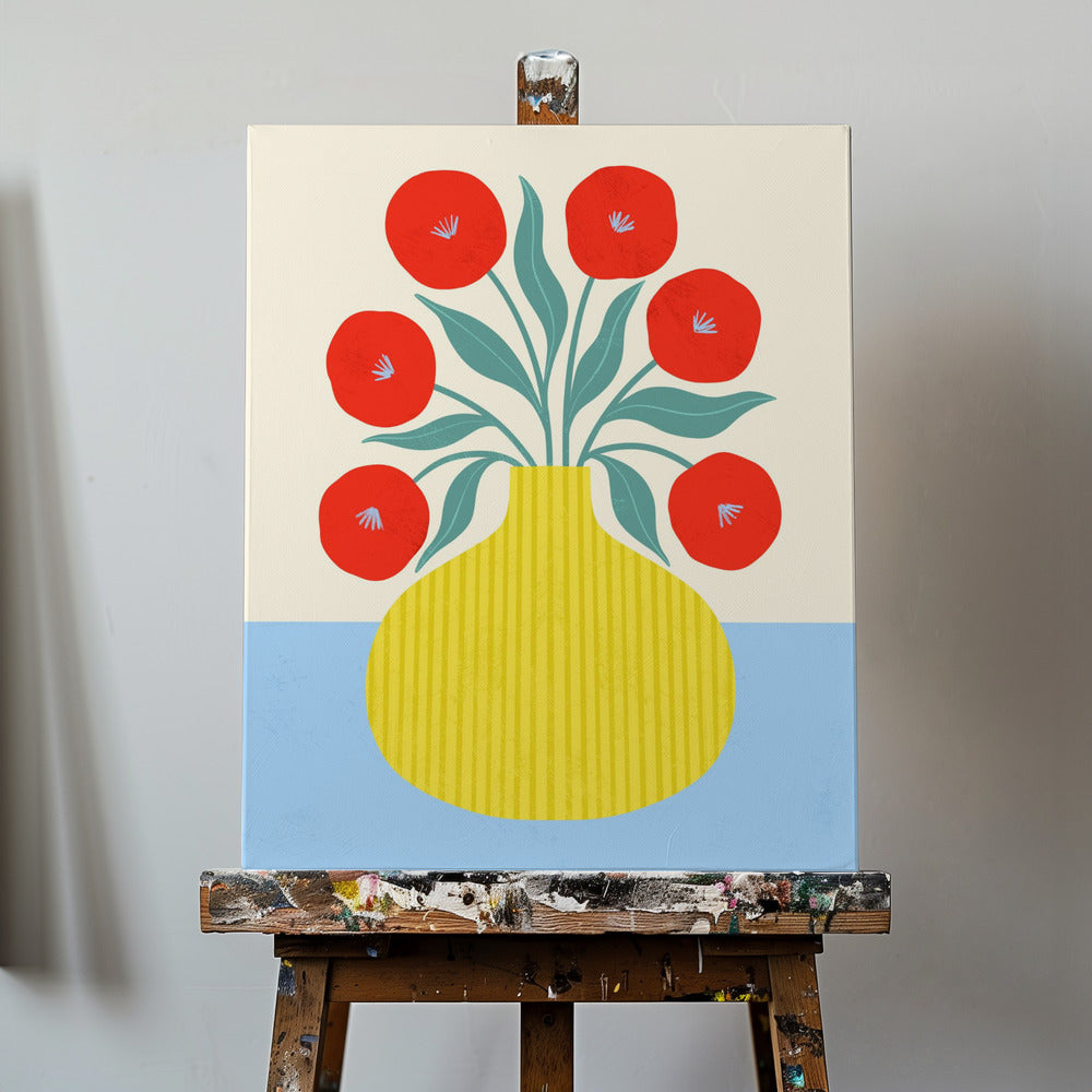 Rote Blumen in gelber Vase | Leinwand