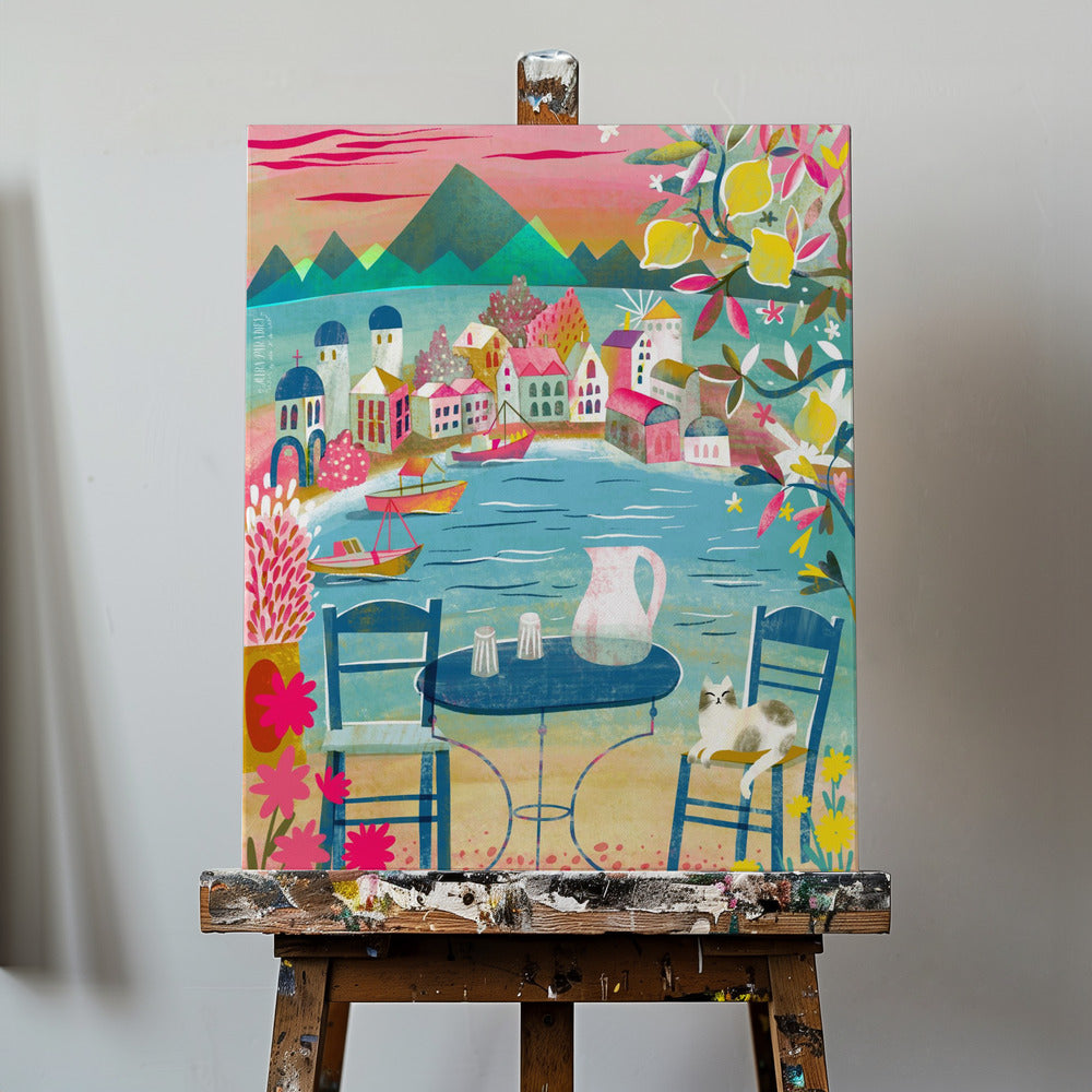 Griechische Taverne mit Katze unter Zitronenbaum | Leinwand-Bilder