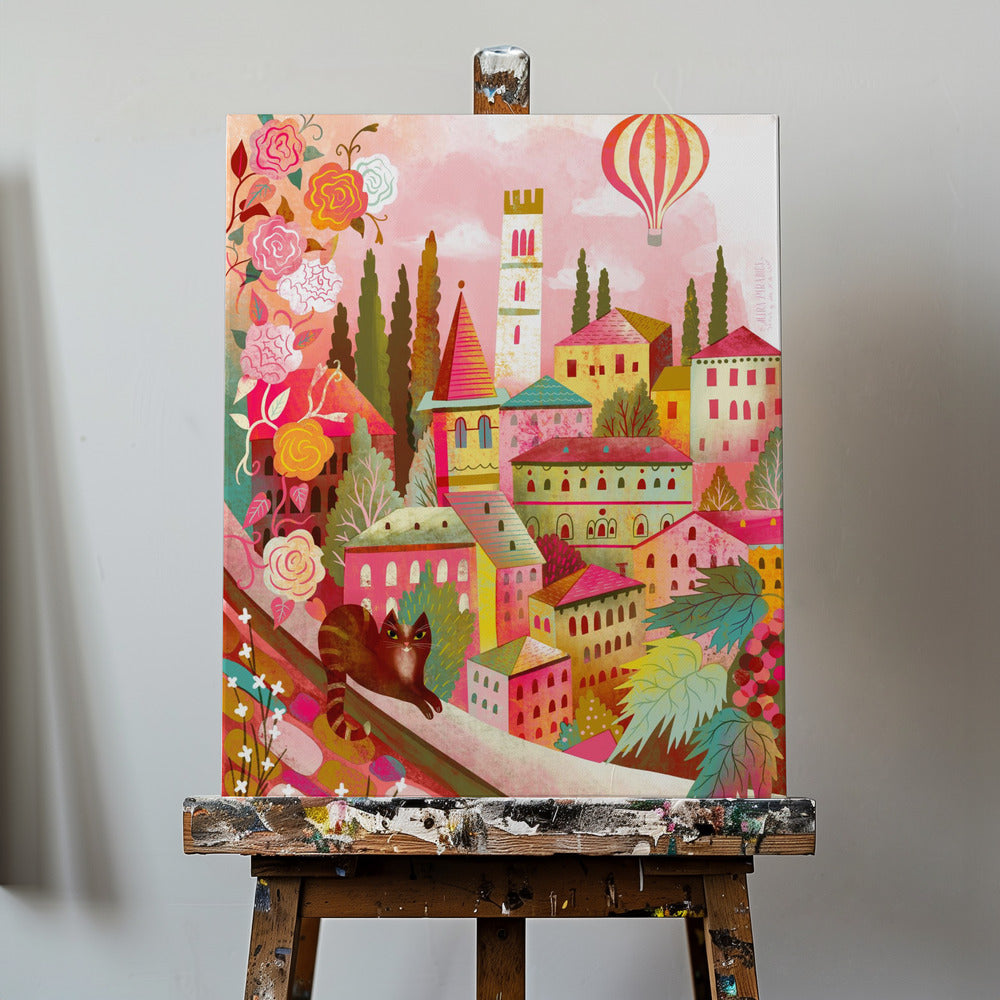 Italienisches Dorf mit Katze an der Wand | Leinwand-Bilder