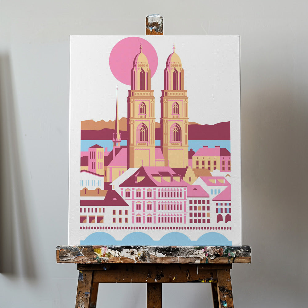 Zürich, Schweiz, Schweizisk, Sommer, Bjerge, By, Illustration, Vintage Plakater - Kunsttryk | Lærredsbilleder