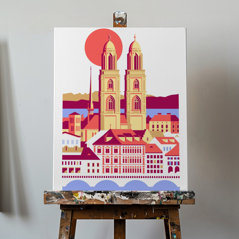 Zürich, Schweiz, Schweizisk, Sommer, Bjerge, By, Illustration, Vintage Plakater - Kunsttryk | Lærredsbilleder