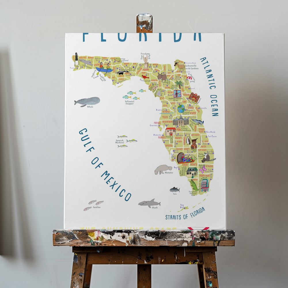 Ilustrowana mapa Florydy autorstwa artystki Carli Daly | Wydruki na łótnie