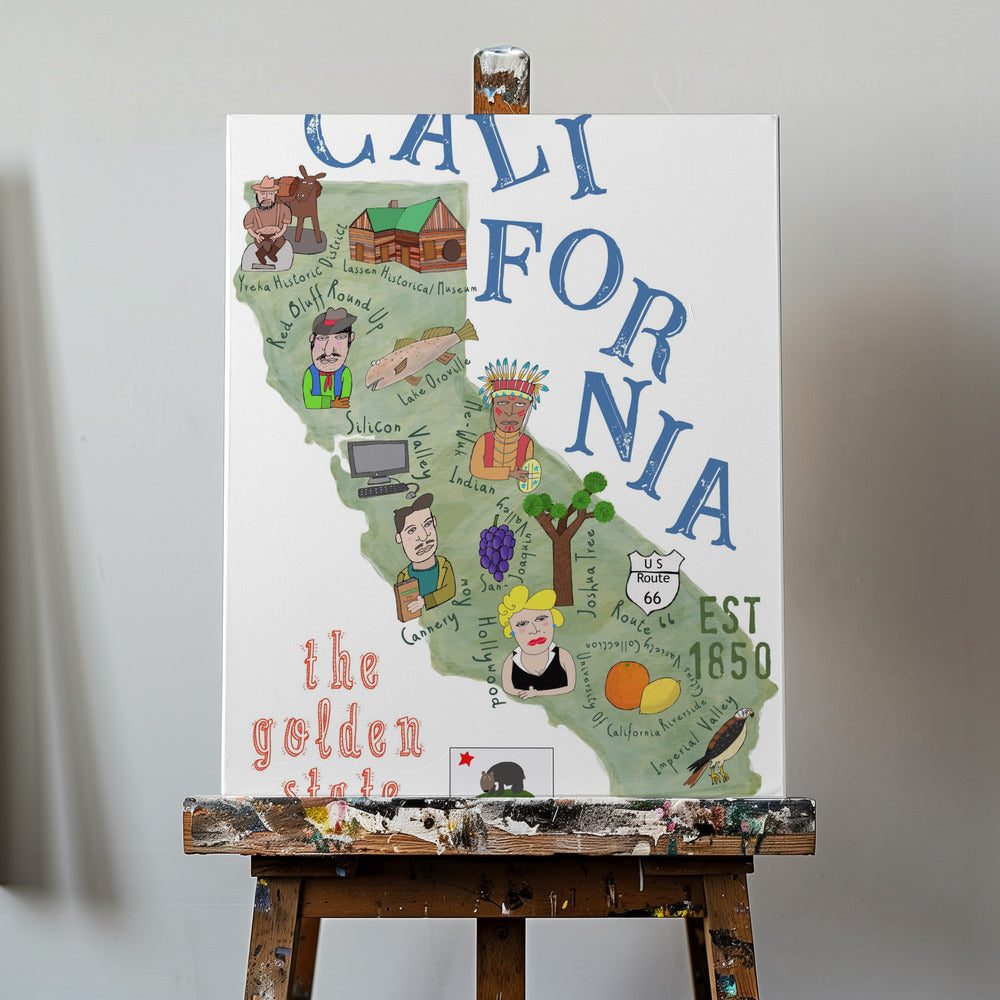 Ilustrowana mapa Kalifornii z ikonami stanów autorstwa Carli Daly | Wydruki na łótnie