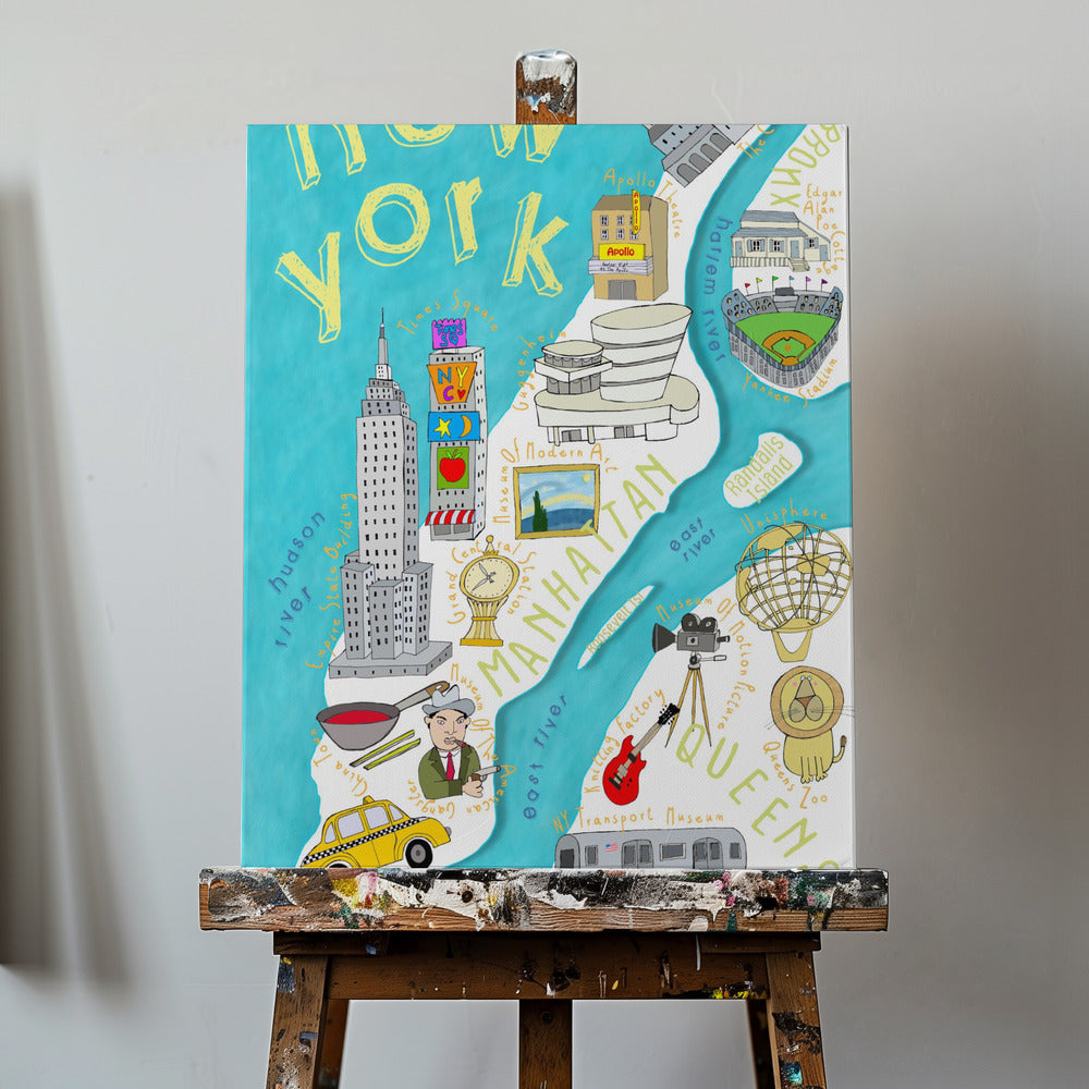 Kirkkaanvärinen kuvitettu kartta New Yorkista, karttataiteilija Carla Daly | Canvastaulut