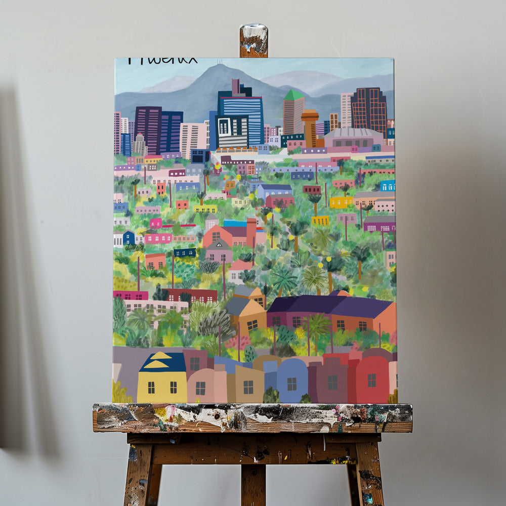 Widok na Phoenix w Arizonie zilustrowany przez artystkę Carlę Daly | Wydruki na łótnie