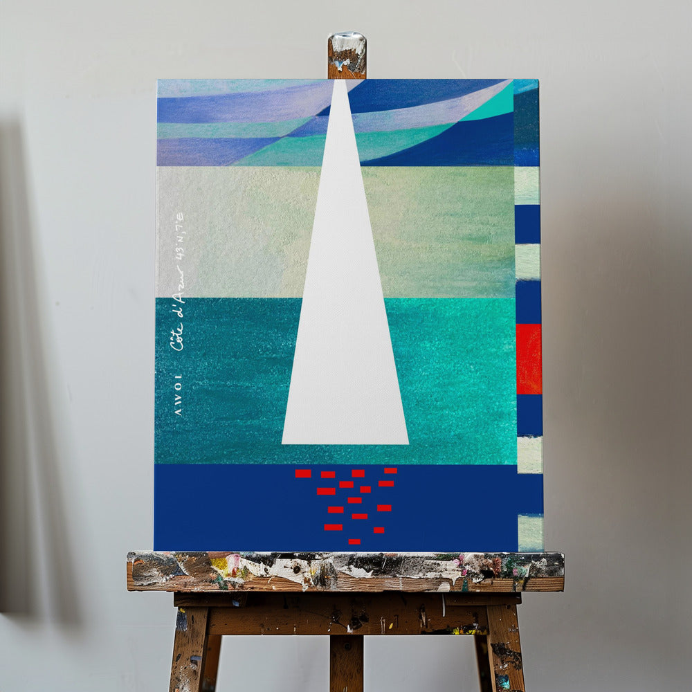 Abstraktes Segelboot an der französischen Riviera, farbenfroher Kunstdruck der Côte d'Azur | Leinwand-Bilder