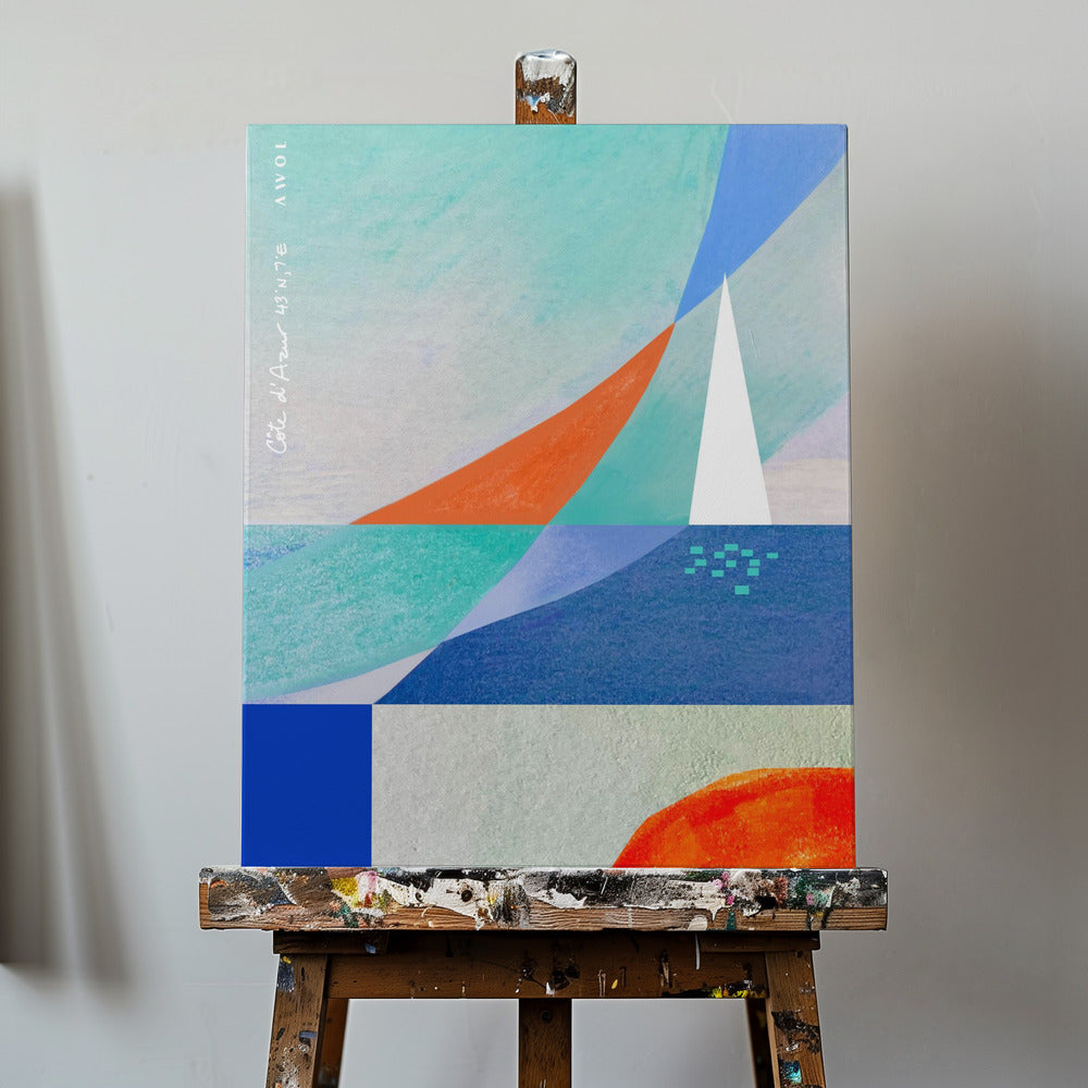 Abstrakte Meereslandschaft mit weißem Segelboot am Mittelmeer, Wandkunst an der französischen Riviera | Leinwand-Bilder