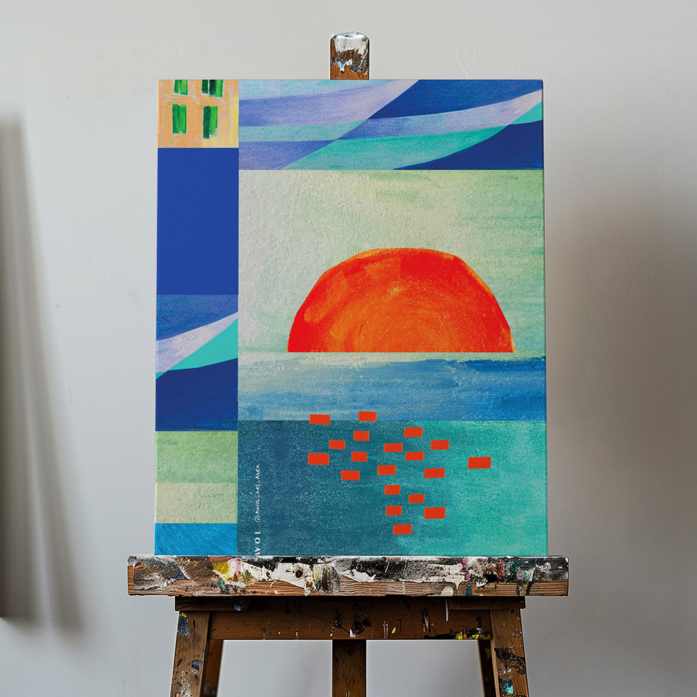 Farverigt Middelhav med solopgang, abstrakt kystkunst | Lærredsbilleder