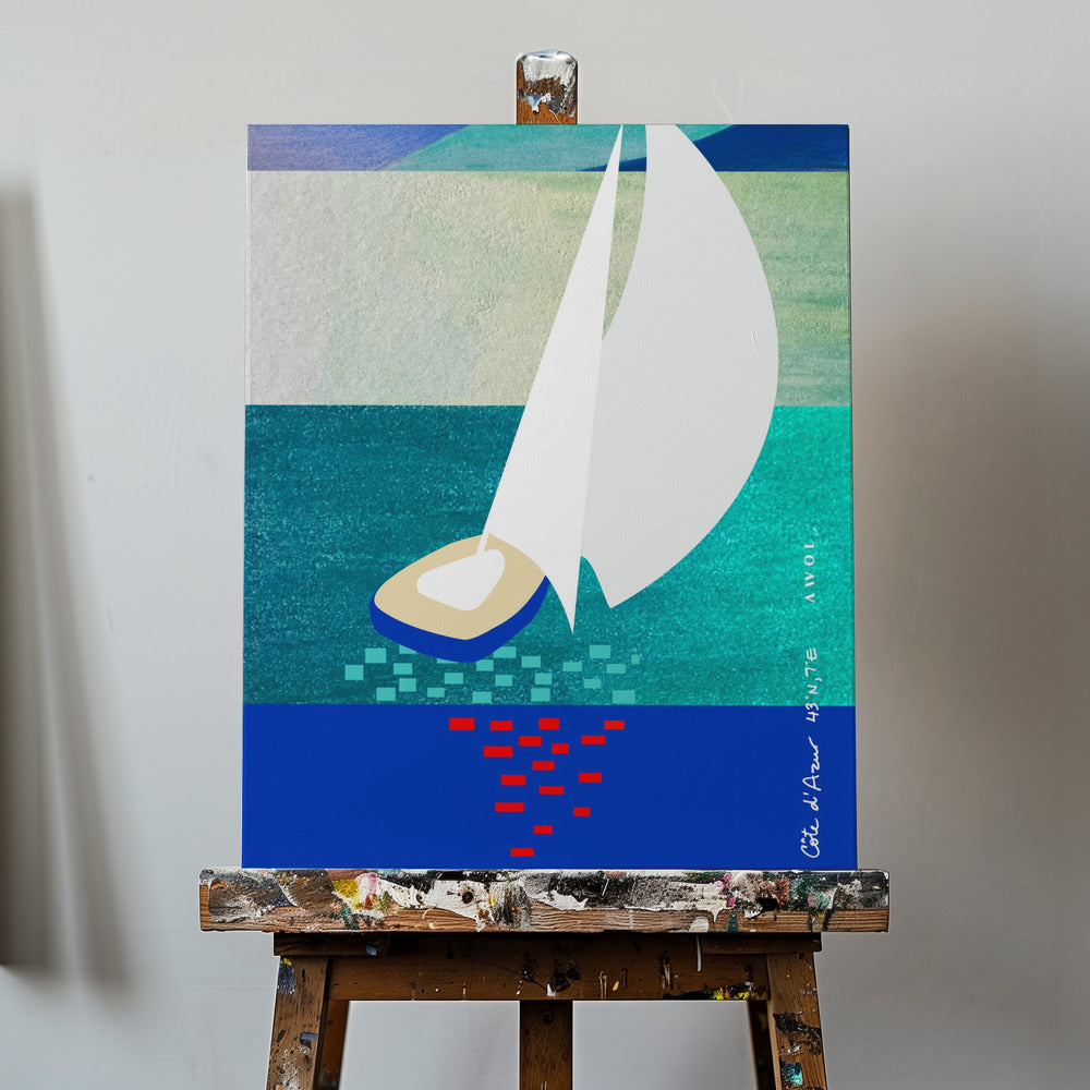 Hvid sejlbåd på den franske riviera med refleksioner over havet | Lærredsbilleder