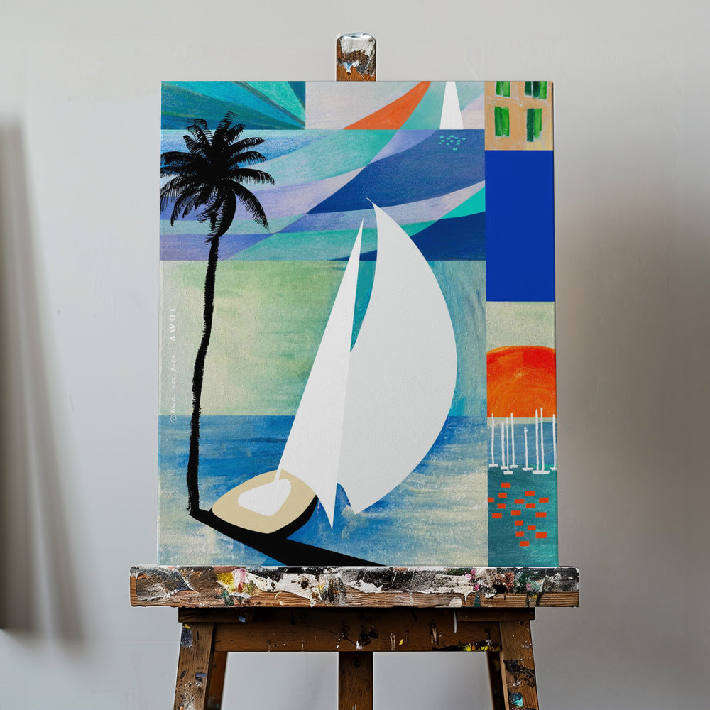 Farbenfroher mediterraner Reisekunstdruck mit Sonnenaufgang und Palme | Leinwand-Bilder