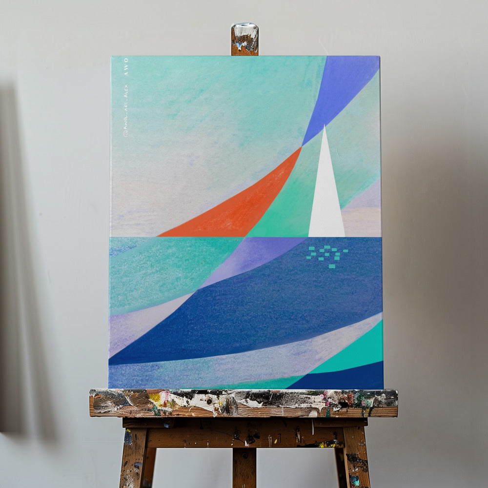 Abstrakcyjna sztuka oceaniczna z minimalistyczną białą żaglówką na morzu | Wydruki na łótnie