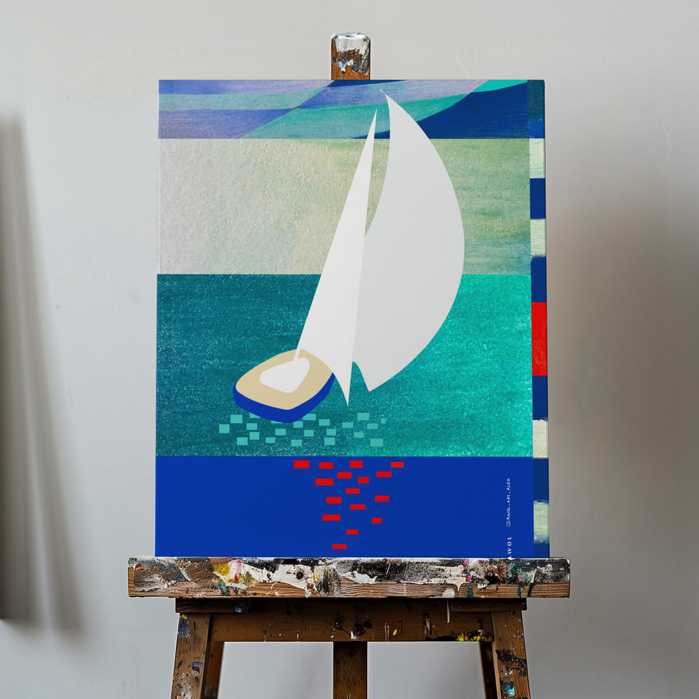 Weißes Segelboot mit Reflexionen, abstrakte Meereskunst mit grafischen Streifen | Leinwand-Bilder