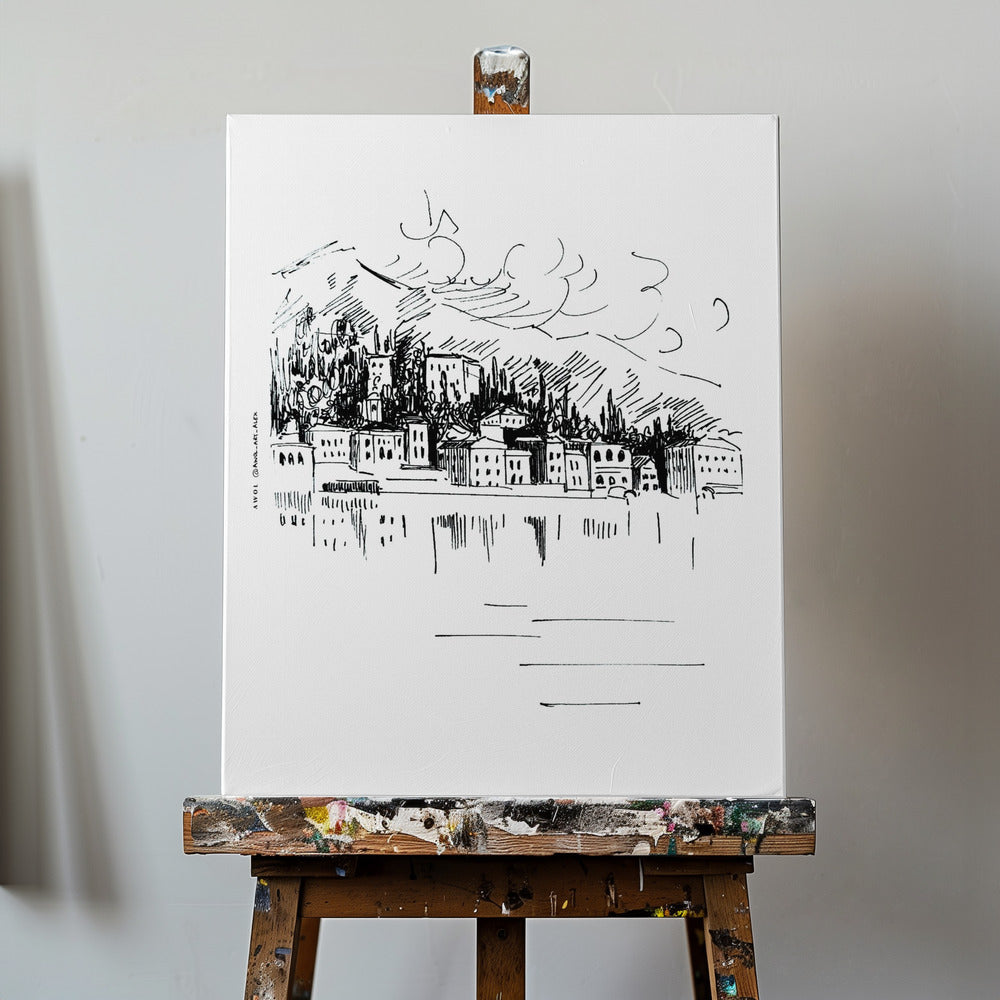 Kunstdruck einer italienischen Landschaft, Zeichnung des Comer Sees in Mailand | Leinwand-Bilder