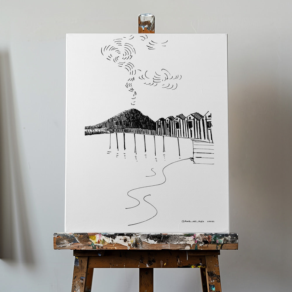 Ved havet i Italien med strandhytter og bjergvulkan, italiensk landskabskunsttryk | Lærredsbilleder