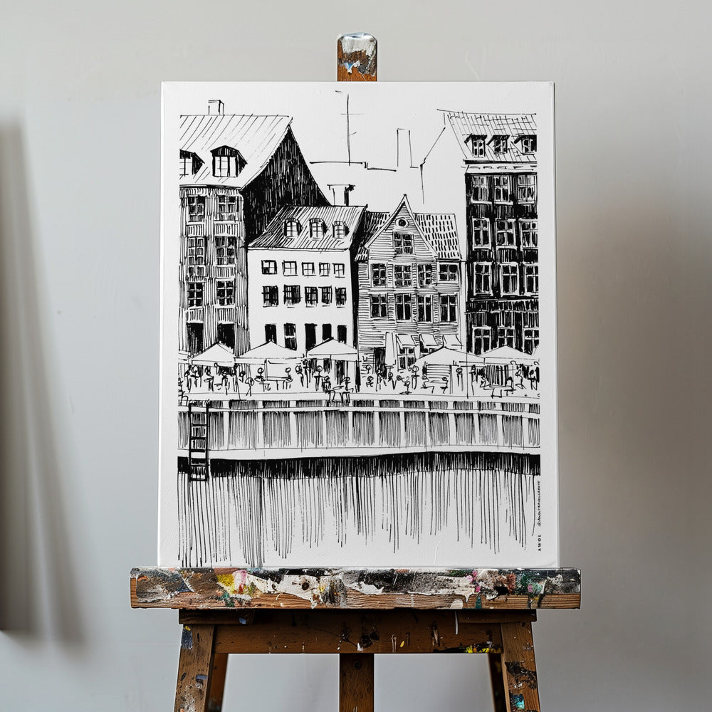 Kopenhagen Kunstdruck, Dänemark Reiseillustration mit Cafés am Wasser | Leinwand-Bilder
