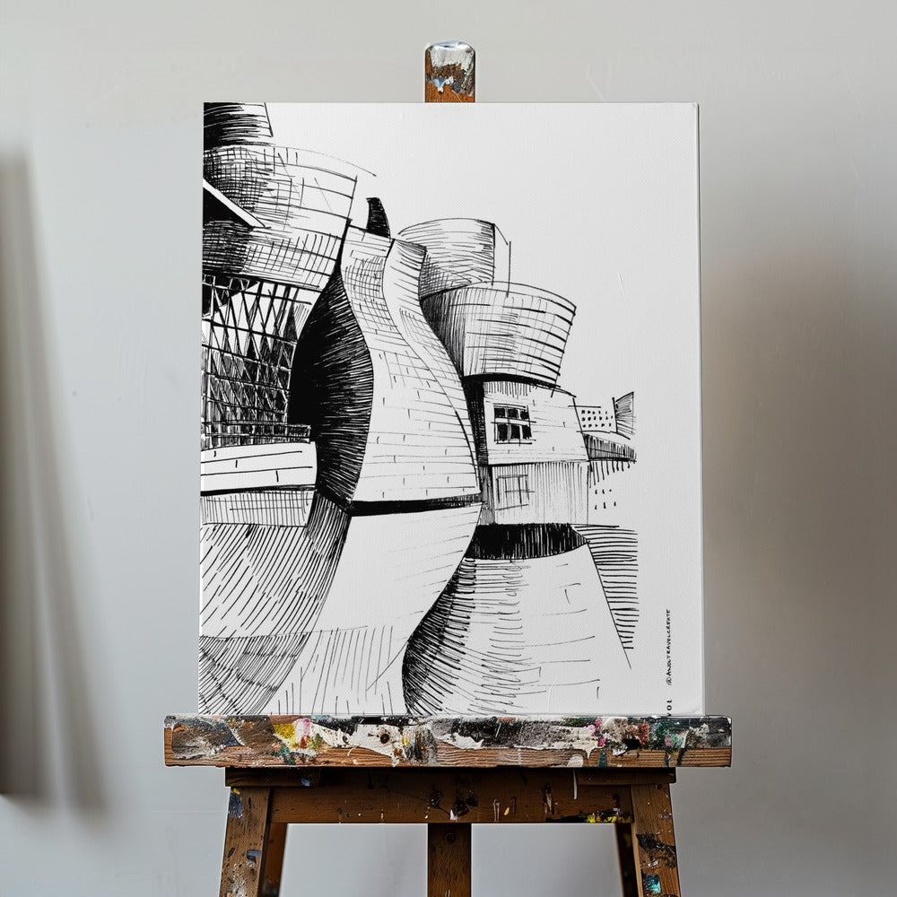 Guggenheim-Gebäude in Bilbao, Zeichnung moderner Architektur | Leinwand-Bilder
