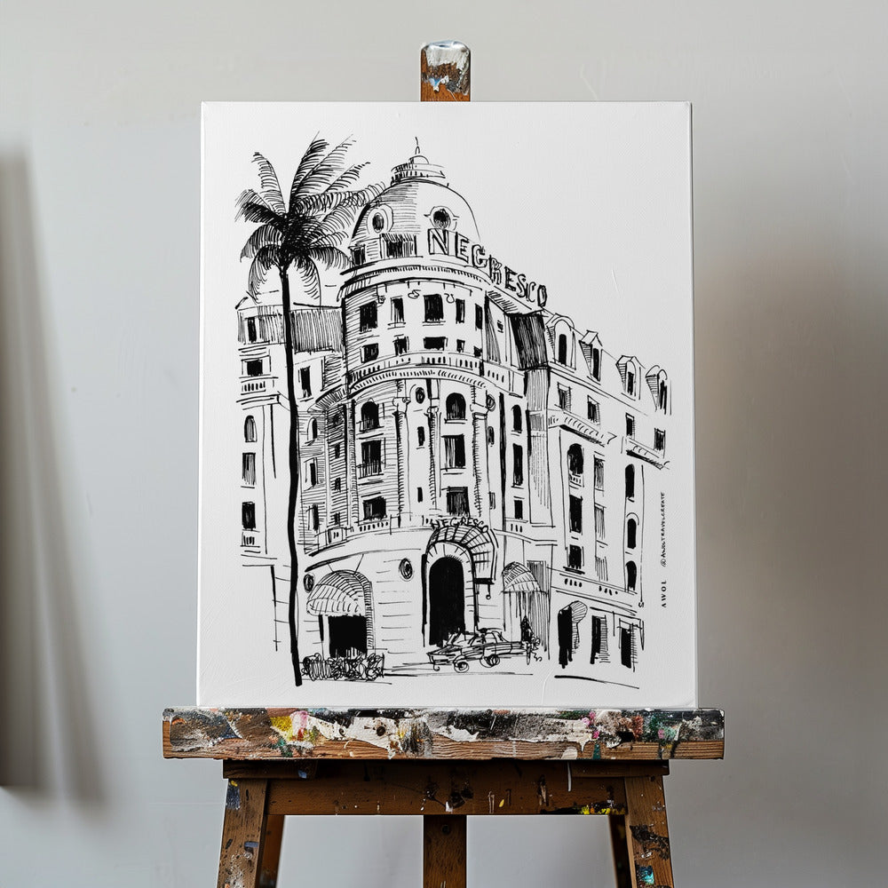 Kunstdruck von Nizza, Französische Riviera mit Architekturzeichnung des Negresco Hotels | Leinwand-Bilder