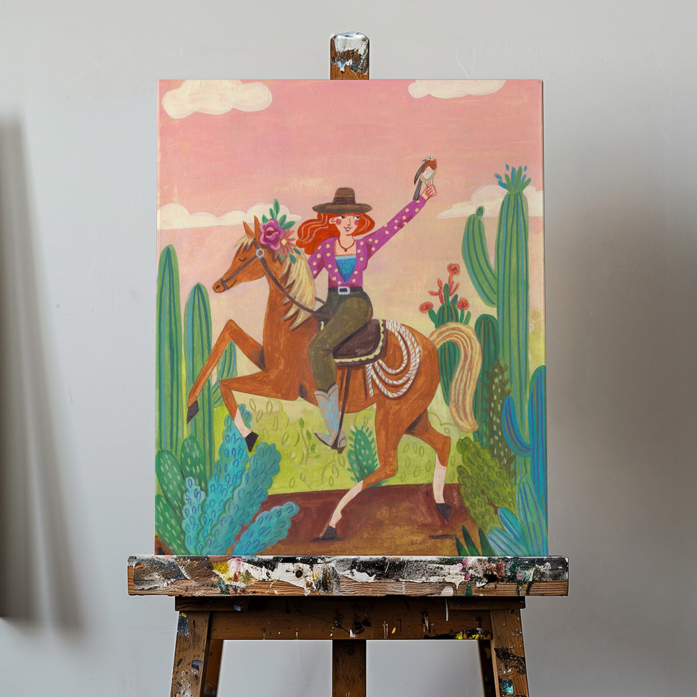 Vaquera a caballo en el desierto | Impresiones en Lienzo
