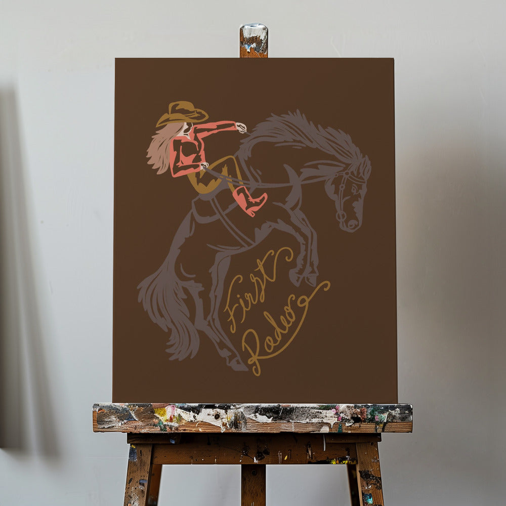 Kowbojka jadąca na stojącym na tylnych nogach koniu | Wydruki na łótnie