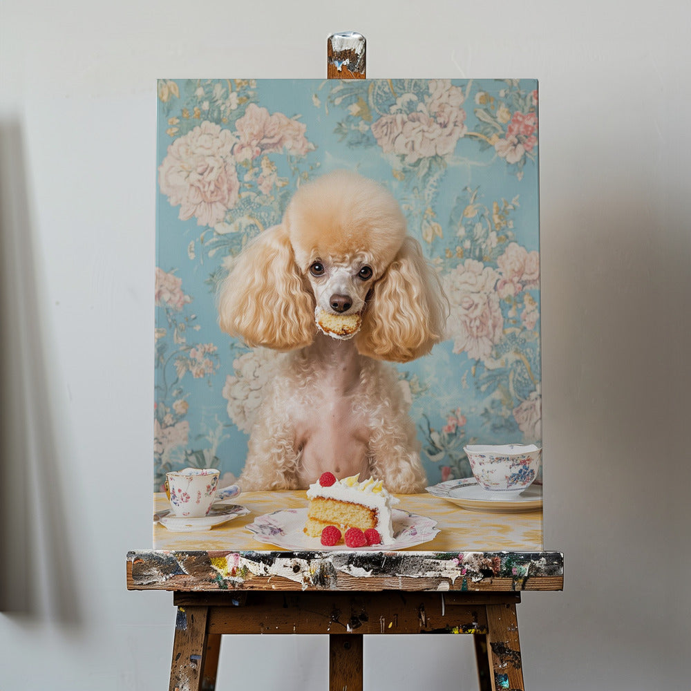 Caniche sentado en una mesa de té vintage | Impresiones en Lienzo