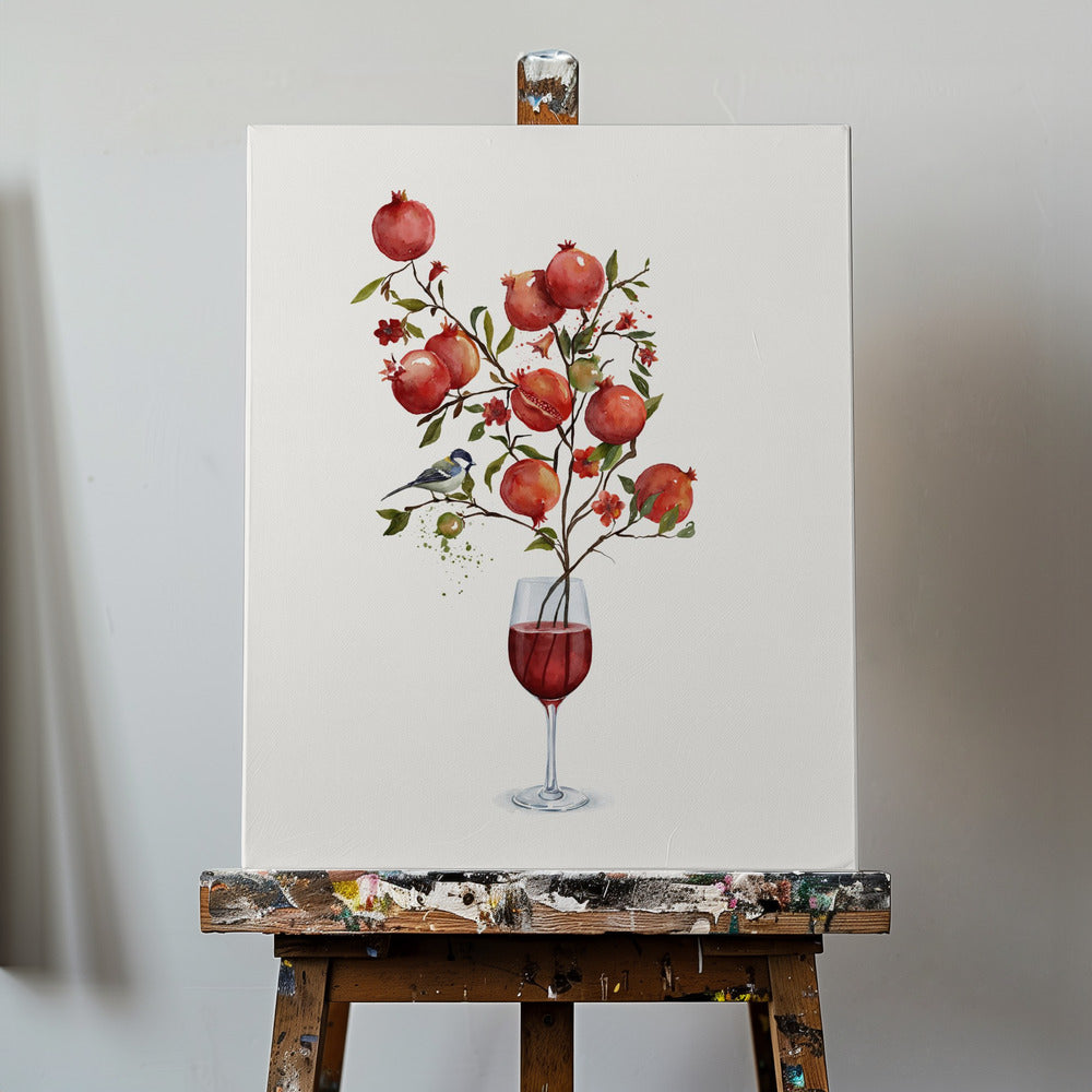 Granatapfel in einem Glas Wein | Leinwand