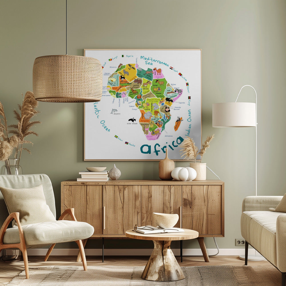 Kuvitettu Afrikan kartta maineen ja söpöine eläimineen, kirjoittanut Carla Daly | Canvastaulut