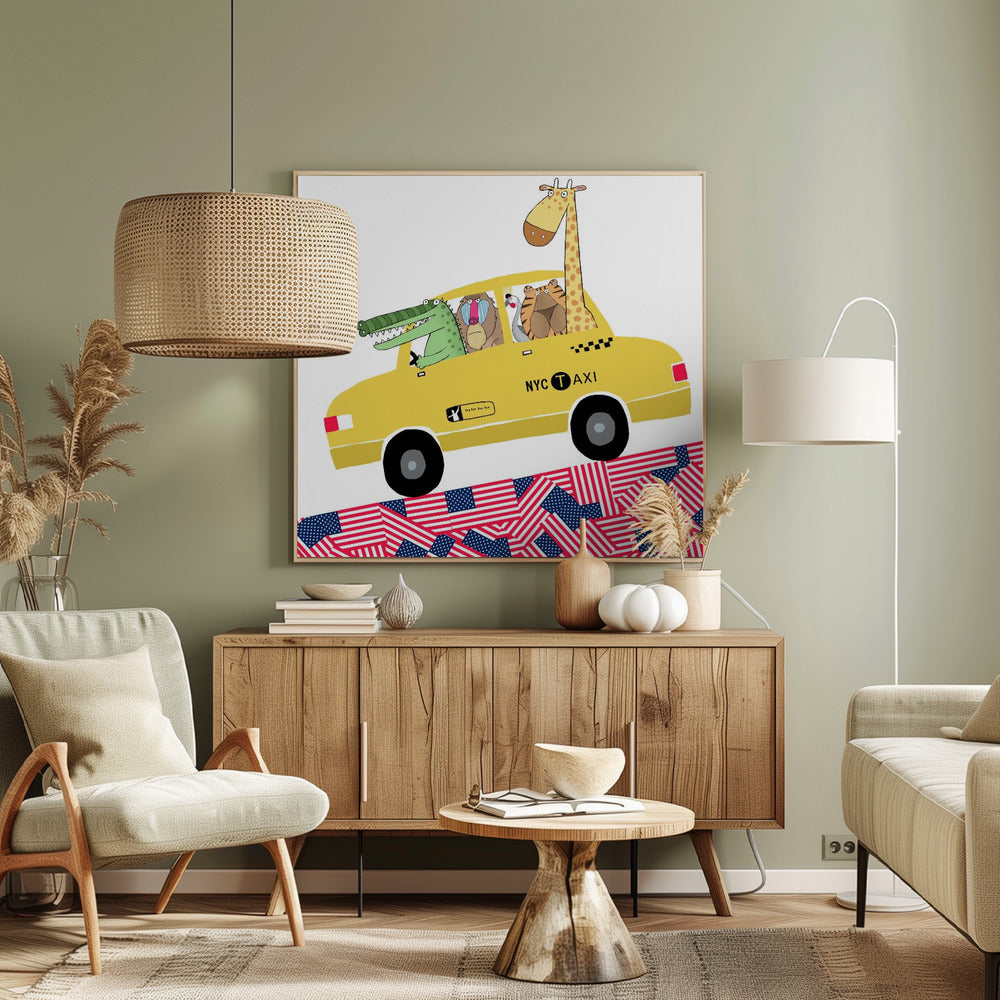 Zabawne zwierzęta w żółtej taksówce w Nowym Jorku autorstwa artystki Carli Daly | Wydruki na łótnie