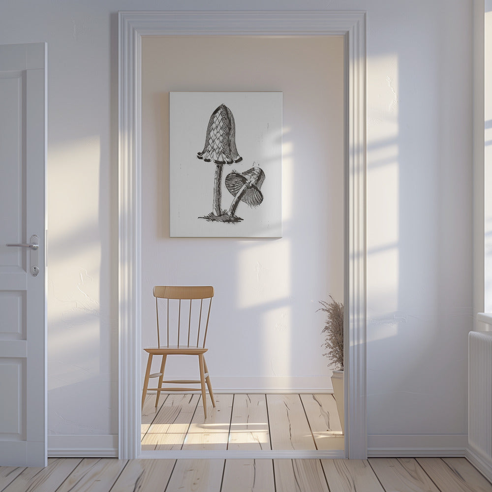 Jadalny grzyb w kolorze Inky Cap w kolorze czarno-białym | Wydruki na łótnie